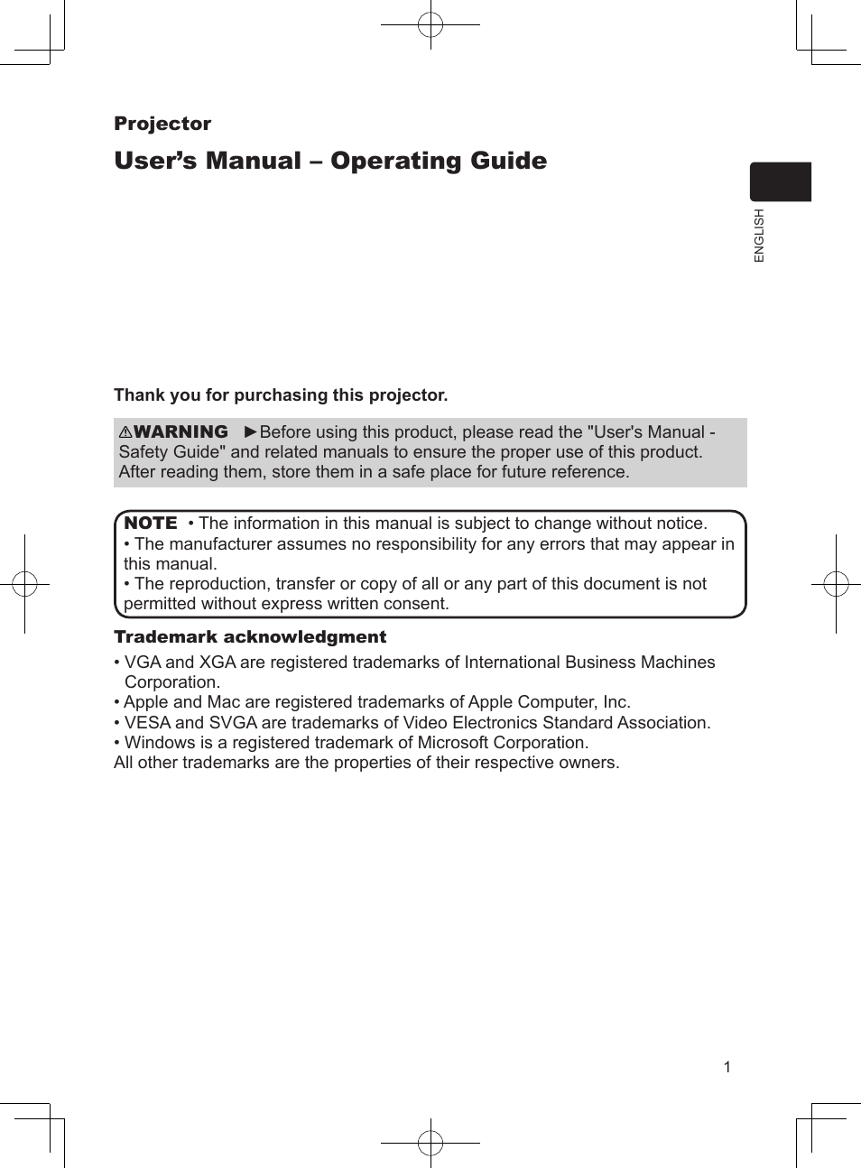 User’s manual – operating guide | Hitachi PJ-LC9 User Manual | Page 3 / 62