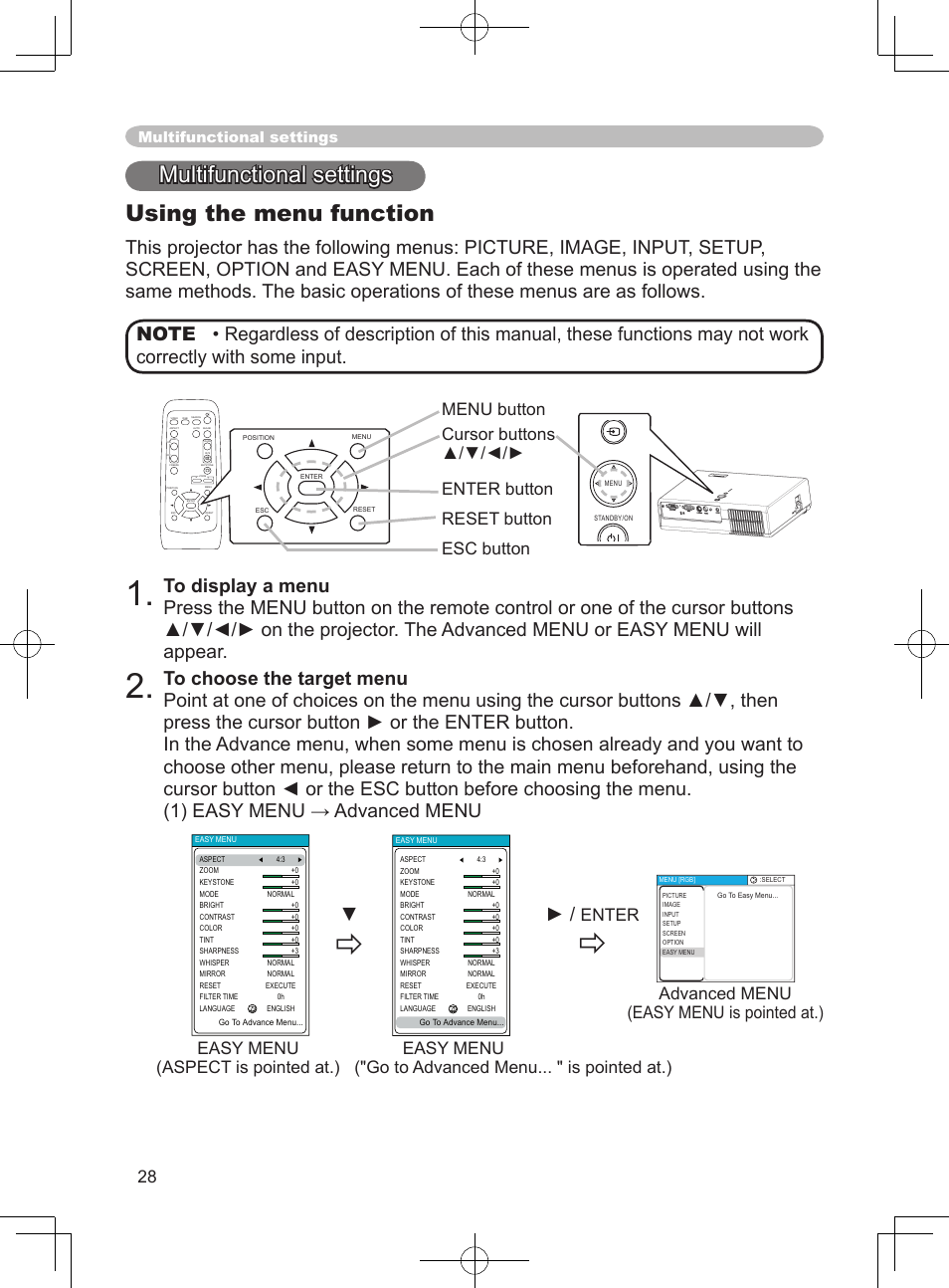 Multifunctional settings using the menu function, Enter, Advanced menu (easy menu is pointed at.) | Easy menu (aspect is pointed at.), Multifunctional settings | Hitachi PJ-LC9 User Manual | Page 30 / 62