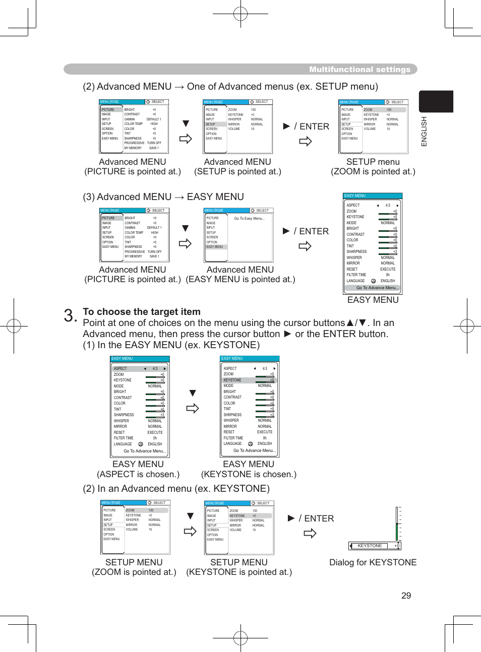Advanced menu (picture is pointed at.), Advanced menu (setup is pointed at.), Enter | Easy menu (keystone is chosen.), Dialog for keystone | Hitachi PJ-LC9 User Manual | Page 31 / 62