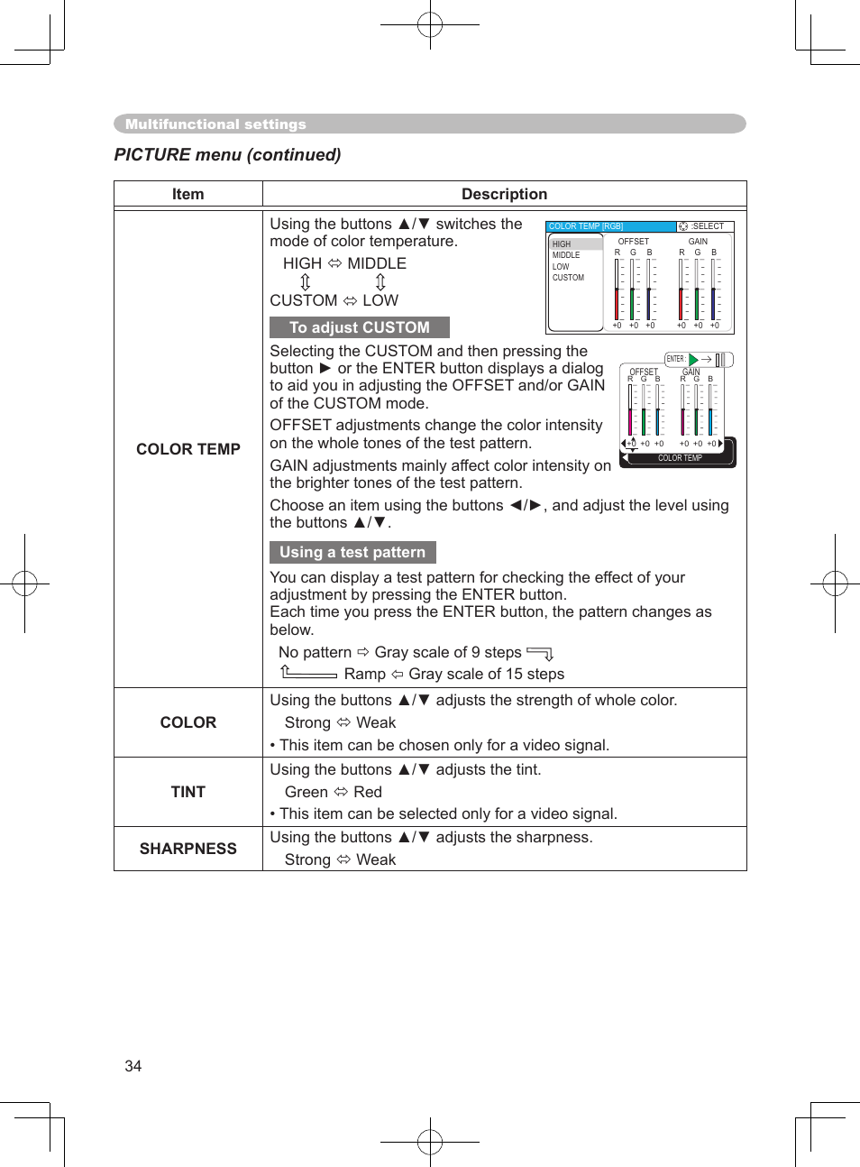 Picture menu (continued) | Hitachi PJ-LC9 User Manual | Page 36 / 62