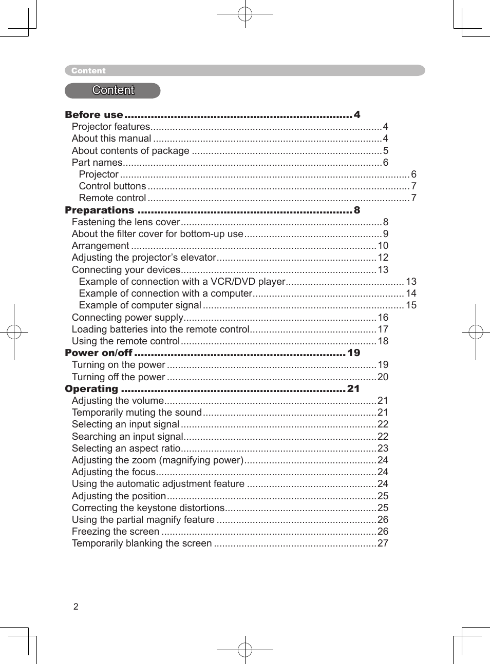 Content | Hitachi PJ-LC9 User Manual | Page 4 / 62