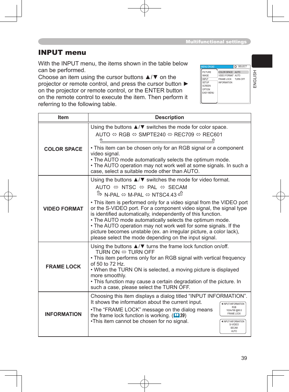 Input menu | Hitachi PJ-LC9 User Manual | Page 41 / 62
