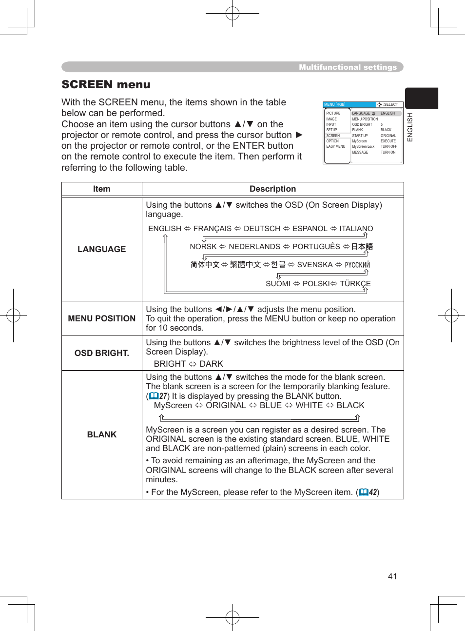 Screen menu | Hitachi PJ-LC9 User Manual | Page 43 / 62