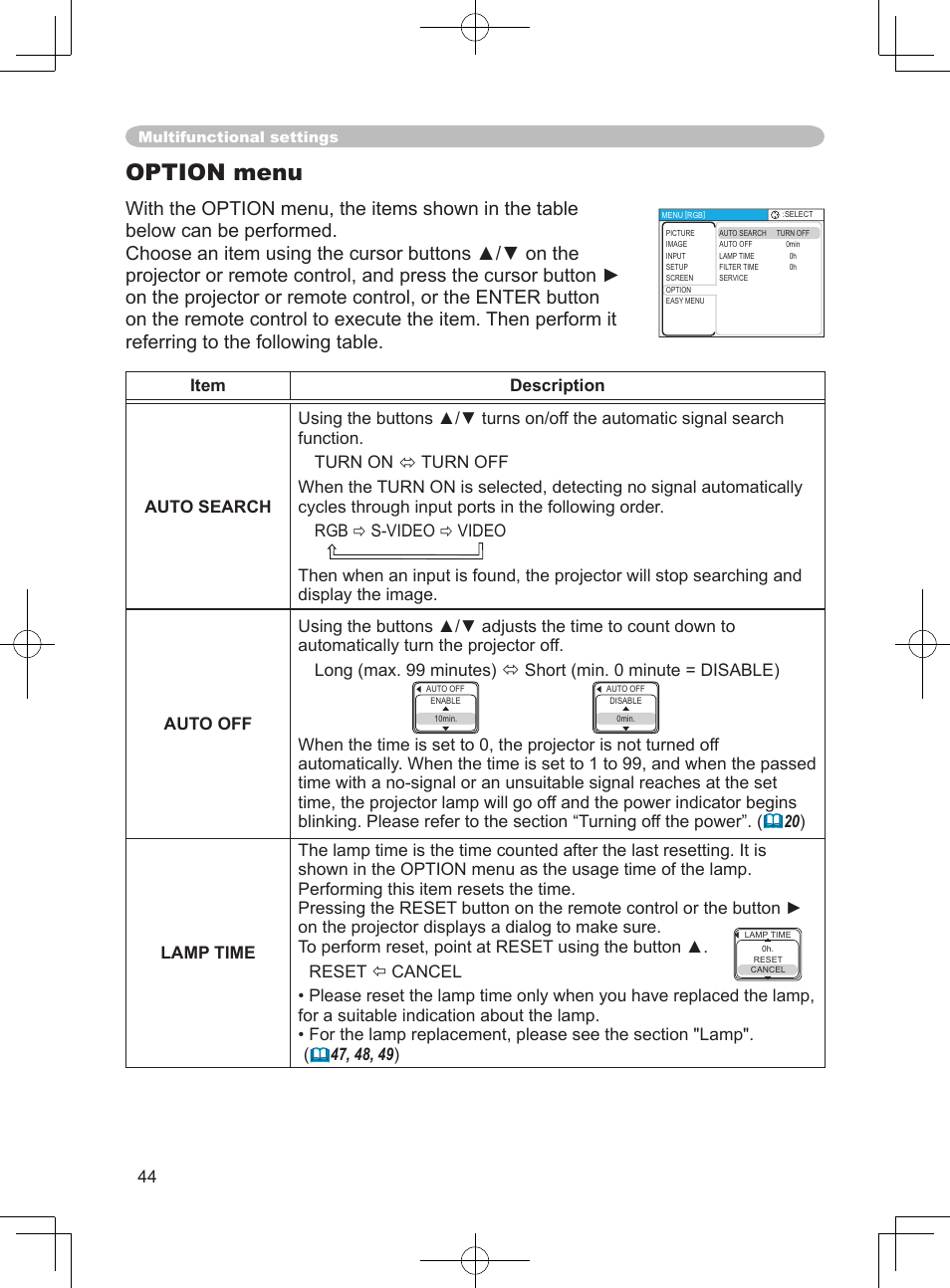 Option menu | Hitachi PJ-LC9 User Manual | Page 46 / 62