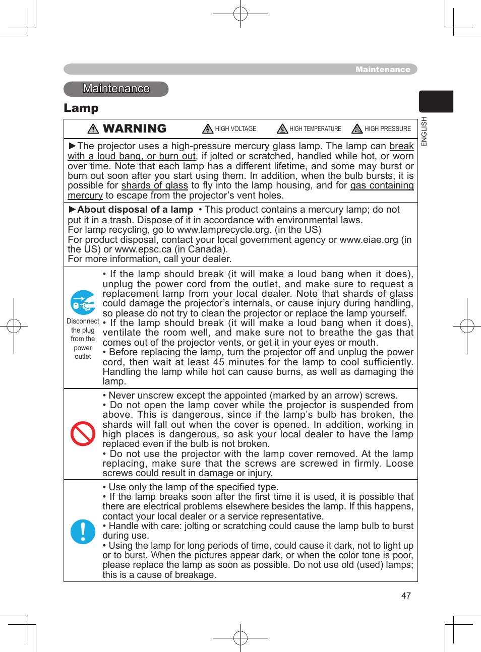 Maintenance lamp, Warning | Hitachi PJ-LC9 User Manual | Page 49 / 62