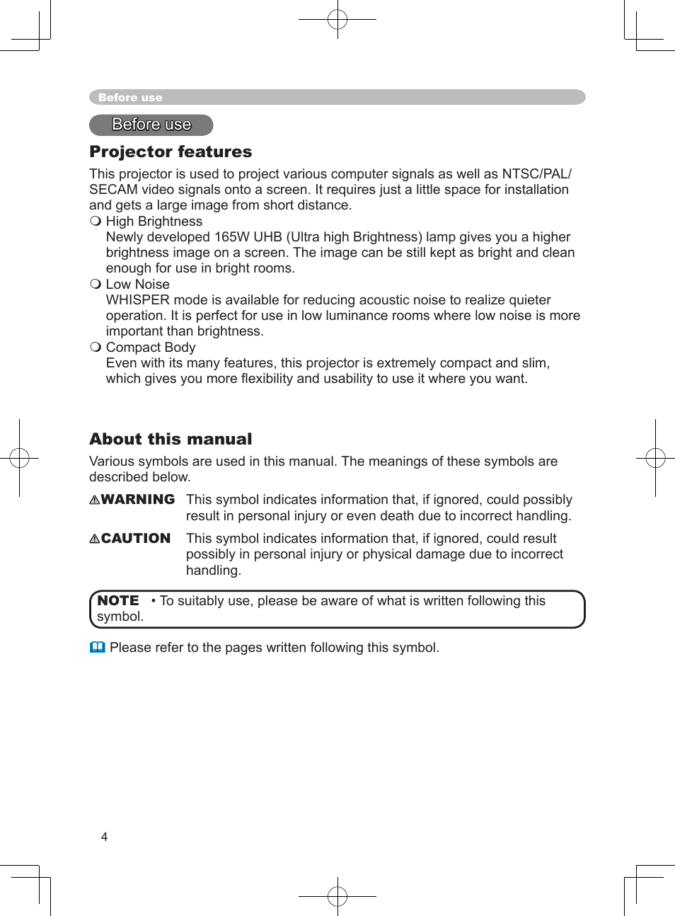 Before use, About this manual, Projector features | Hitachi PJ-LC9 User Manual | Page 6 / 62