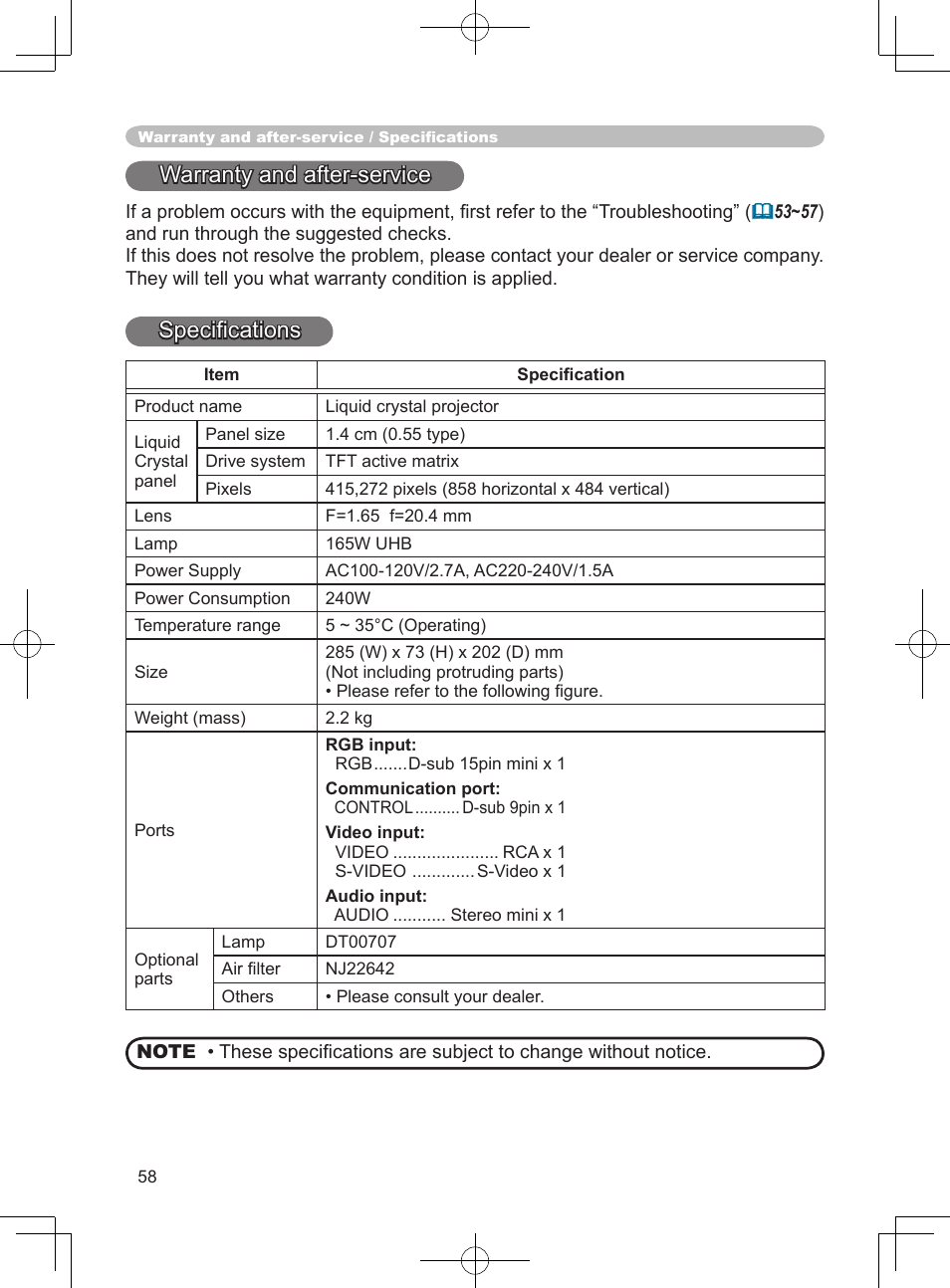 Warranty and after-service, Speciﬁcations | Hitachi PJ-LC9 User Manual | Page 60 / 62