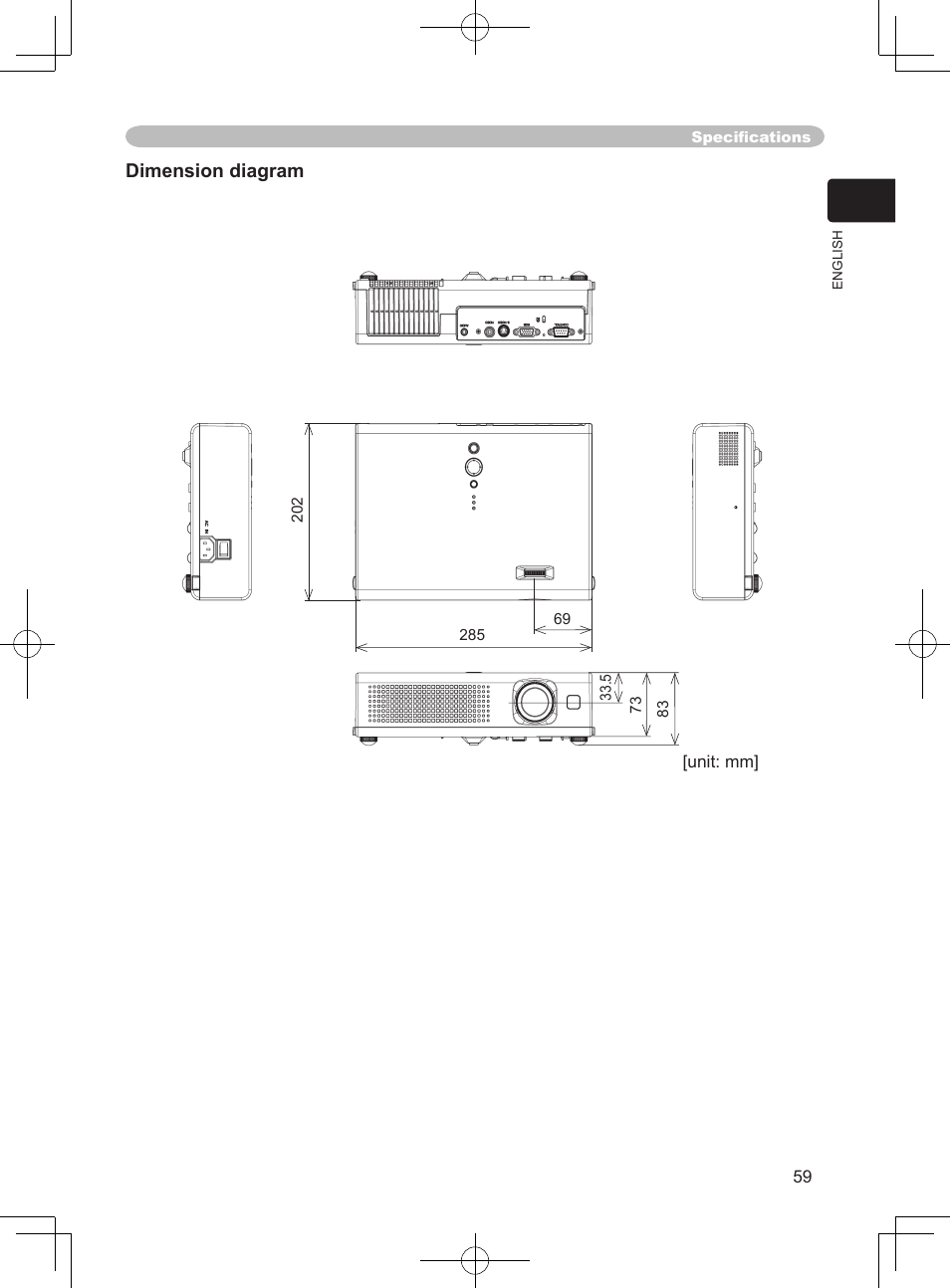 Dimension diagram | Hitachi PJ-LC9 User Manual | Page 61 / 62