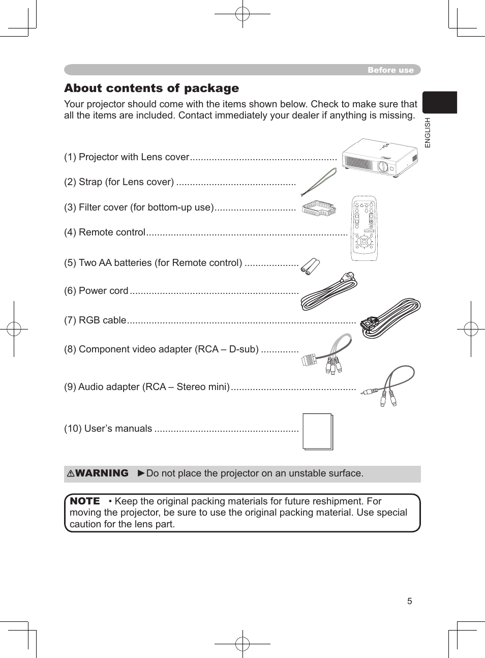 About contents of package | Hitachi PJ-LC9 User Manual | Page 7 / 62