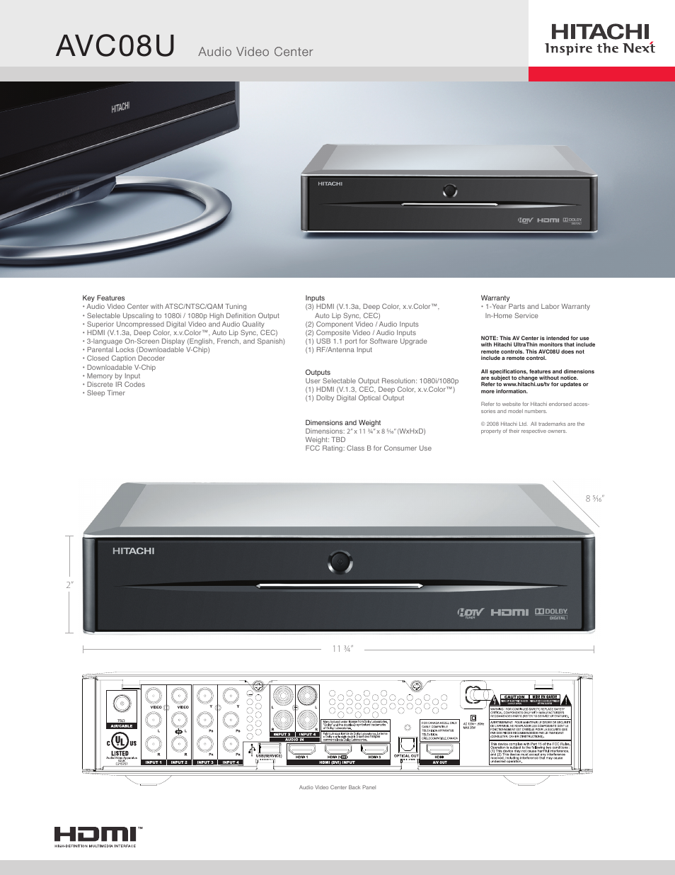 Hitachi AVC08U User Manual | 1 page