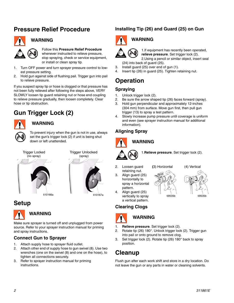 Pressure relief procedure, Gun trigger lock (2), Setup | Operation, Cleanup | Hitachi 288477 User Manual | Page 2 / 4