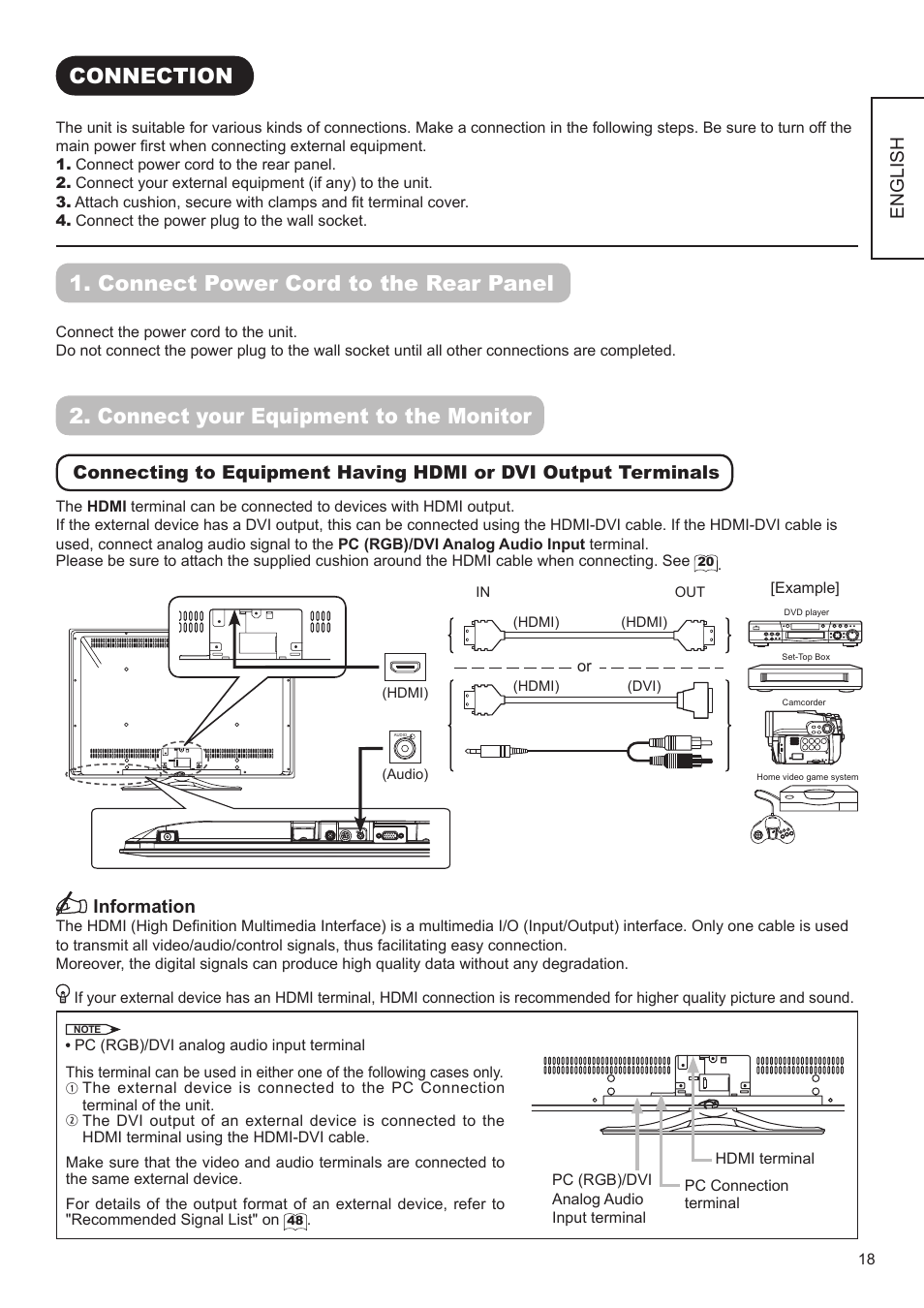Connection, Connect power cord to the rear panel, Connect your equipment to the monitor | English, Information | Hitachi UT32V502W User Manual | Page 19 / 53