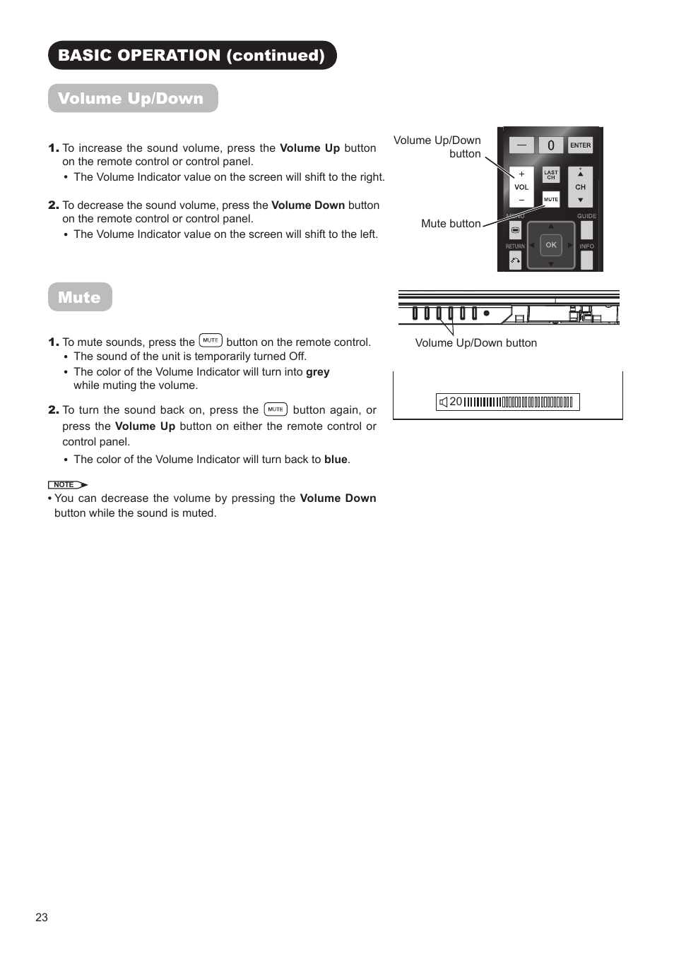 Basic operation (continued) volume up/down, Mute | Hitachi UT32V502W User Manual | Page 24 / 53