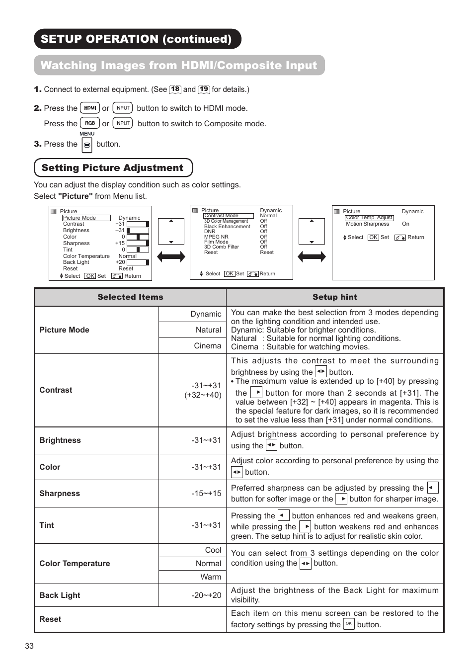 Setting picture adjustment | Hitachi UT32V502W User Manual | Page 34 / 53