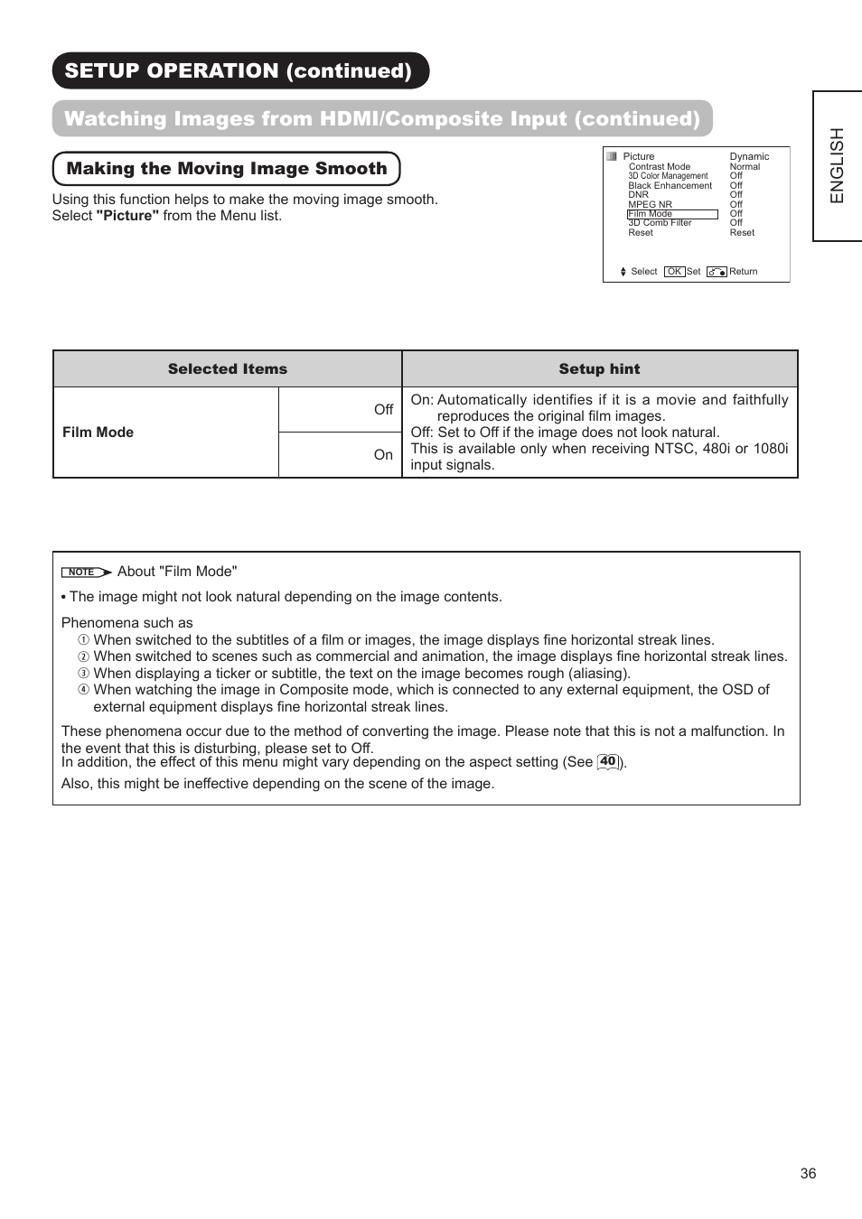 English, Making the moving image smooth | Hitachi UT32V502W User Manual | Page 37 / 53