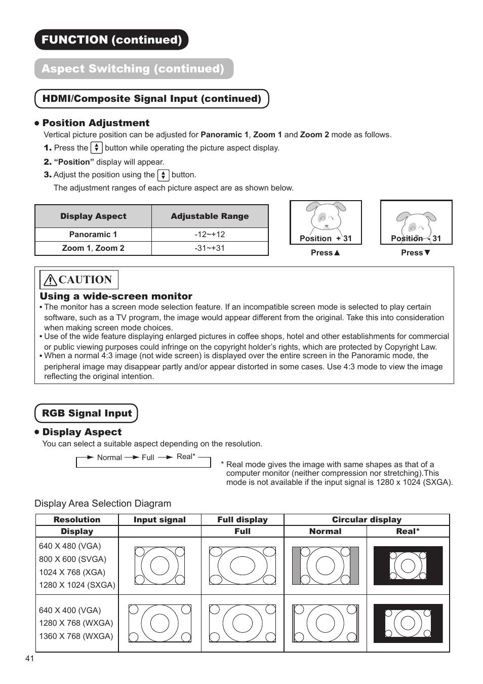 Caution, Function (continued) aspect switching (continued) | Hitachi UT32V502W User Manual | Page 42 / 53