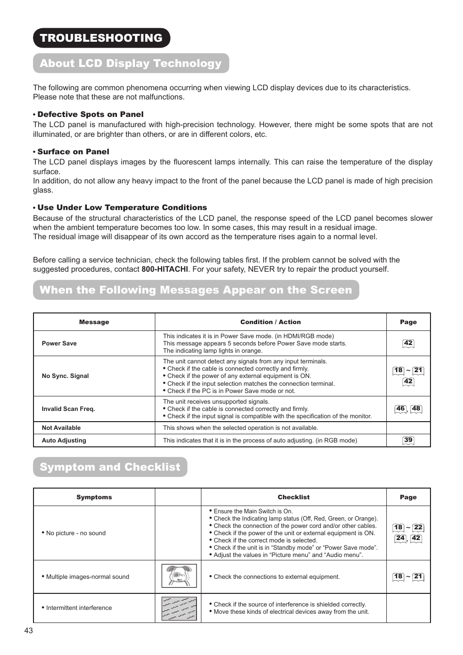 Troubleshooting, When the following messages appear on the screen, Symptom and checklist | About lcd display technology | Hitachi UT32V502W User Manual | Page 44 / 53