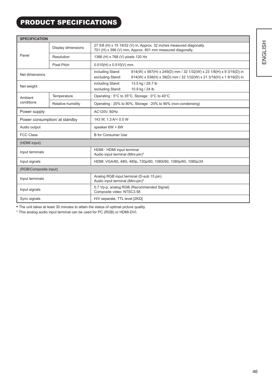 Product specifications, English | Hitachi UT32V502W User Manual | Page 47 / 53