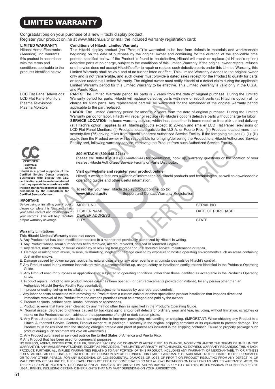 U.s.a, Puerto, Alid | Rico | Hitachi UT32V502W User Manual | Page 52 / 53