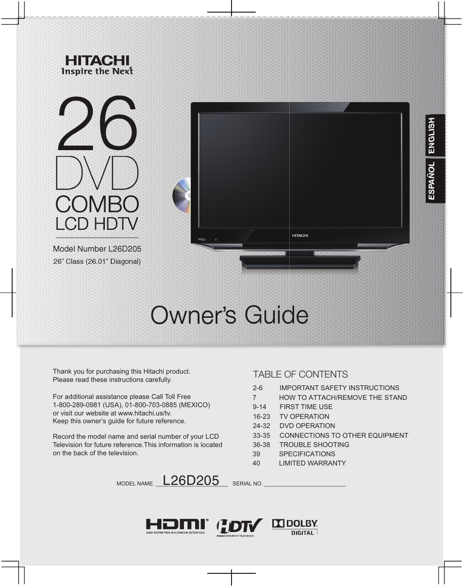Hitachi L26D205 User Manual | 41 pages