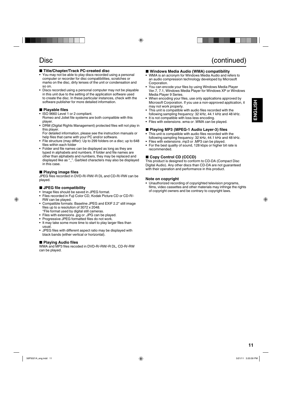 Disc (continued), 11 english | Hitachi L26D205 User Manual | Page 11 / 41