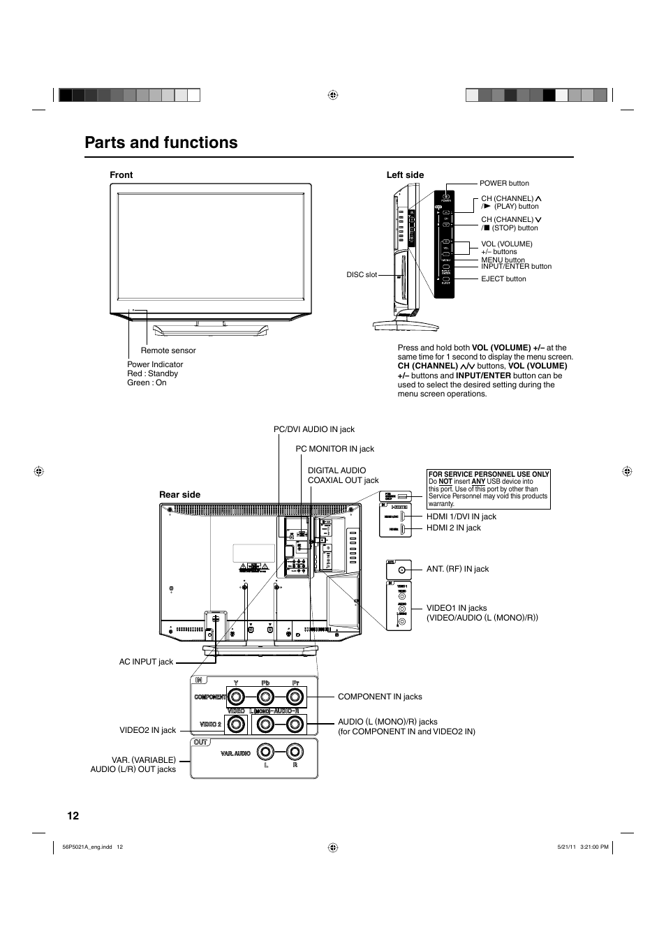 Parts and functions | Hitachi L26D205 User Manual | Page 12 / 41