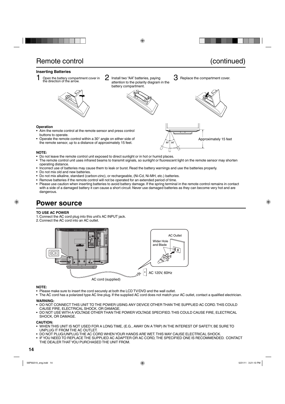 Remote control (continued), Power source | Hitachi L26D205 User Manual | Page 14 / 41