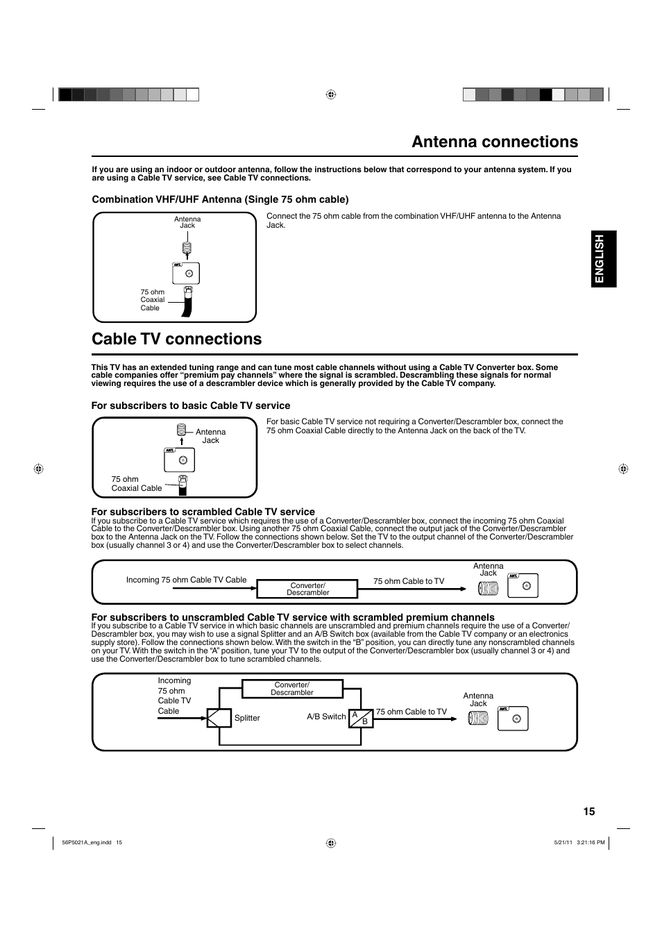 Antenna connections, Cable tv connections, 15 english | Hitachi L26D205 User Manual | Page 15 / 41