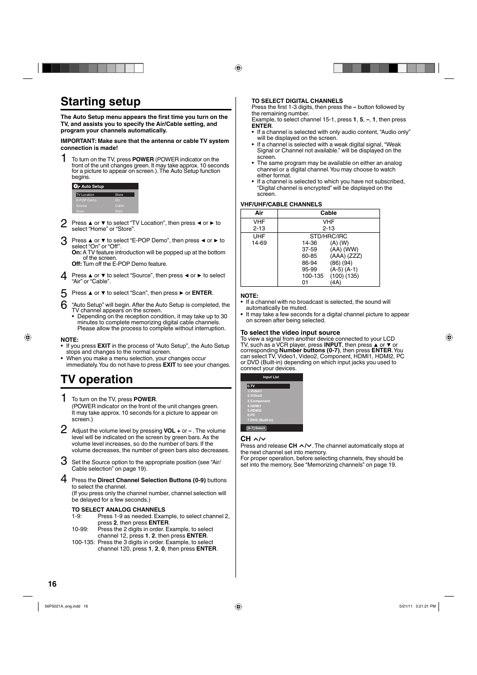 Starting setup, Tv operation 1 | Hitachi L26D205 User Manual | Page 16 / 41