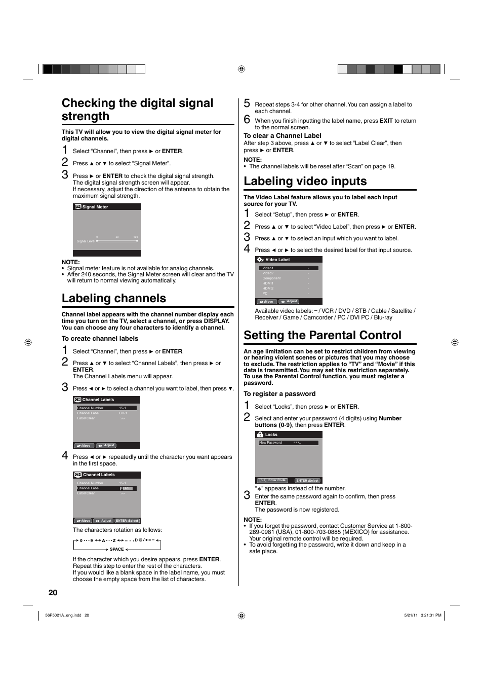 Checking the digital signal strength, Labeling channels, Labeling video inputs | Setting the parental control | Hitachi L26D205 User Manual | Page 20 / 41