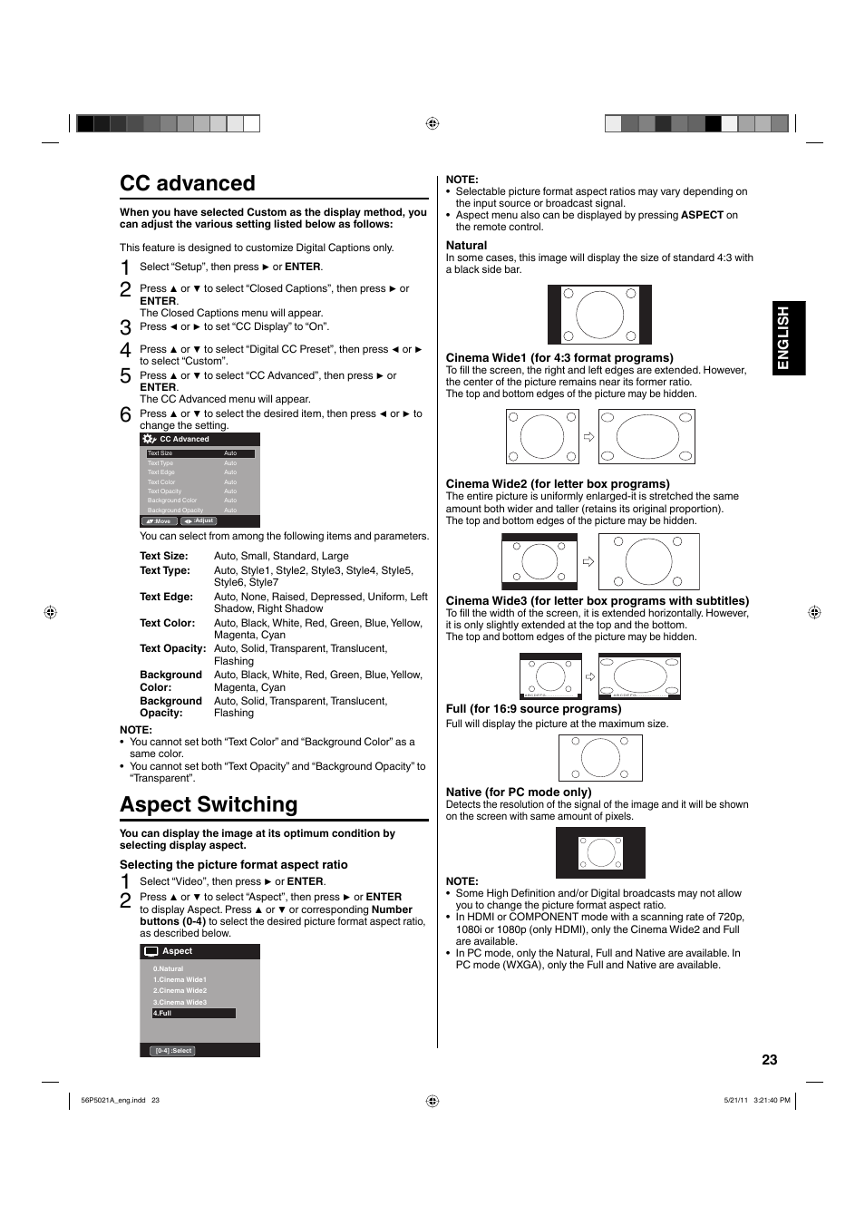 Cc advanced, Aspect switching, 23 english | Hitachi L26D205 User Manual | Page 23 / 41