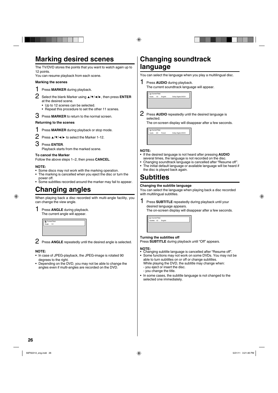 Marking desired scenes, Changing angles, Changing soundtrack language | Subtitles | Hitachi L26D205 User Manual | Page 26 / 41