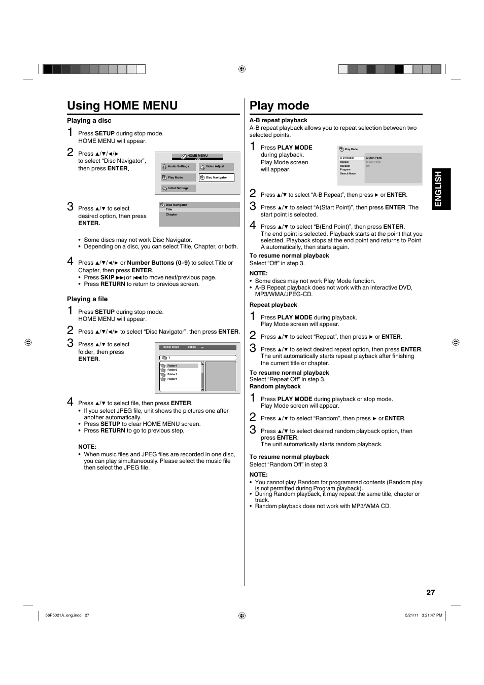 Using home menu, Play mode | Hitachi L26D205 User Manual | Page 27 / 41
