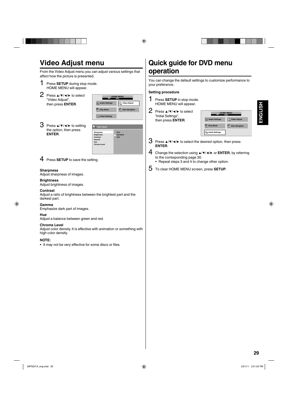 Video adjust menu, Quick guide for dvd menu operation, 29 english | Hitachi L26D205 User Manual | Page 29 / 41