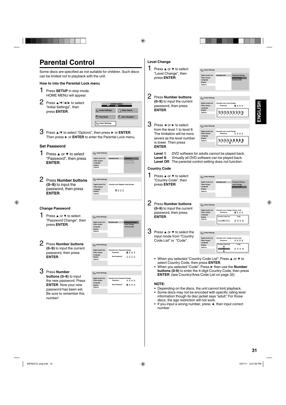 Parental control, 31 english, Set password | Hitachi L26D205 User Manual | Page 31 / 41