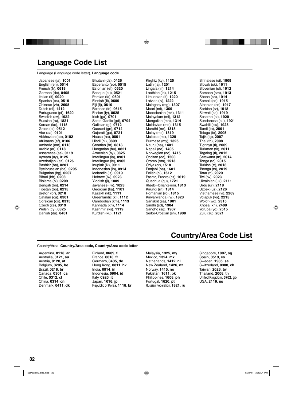 Country/area code list, Language code list | Hitachi L26D205 User Manual | Page 32 / 41