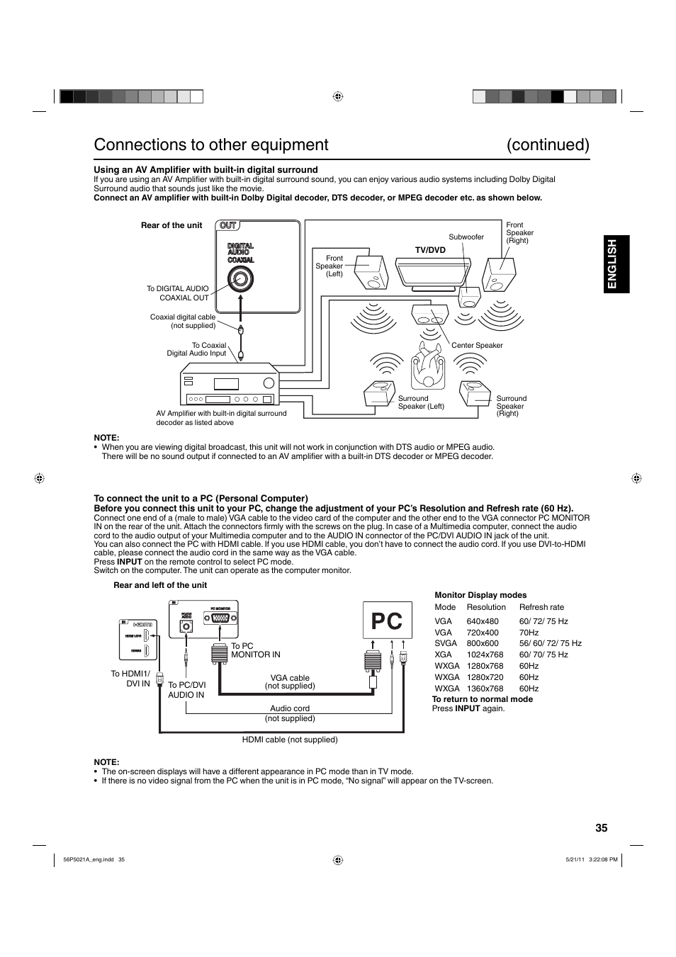 Connections to other equipment (continued), 35 english | Hitachi L26D205 User Manual | Page 35 / 41