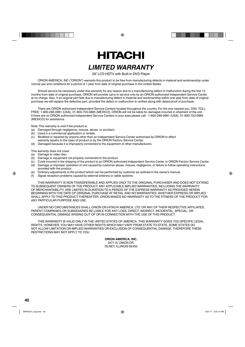 Limited warranty | Hitachi L26D205 User Manual | Page 40 / 41