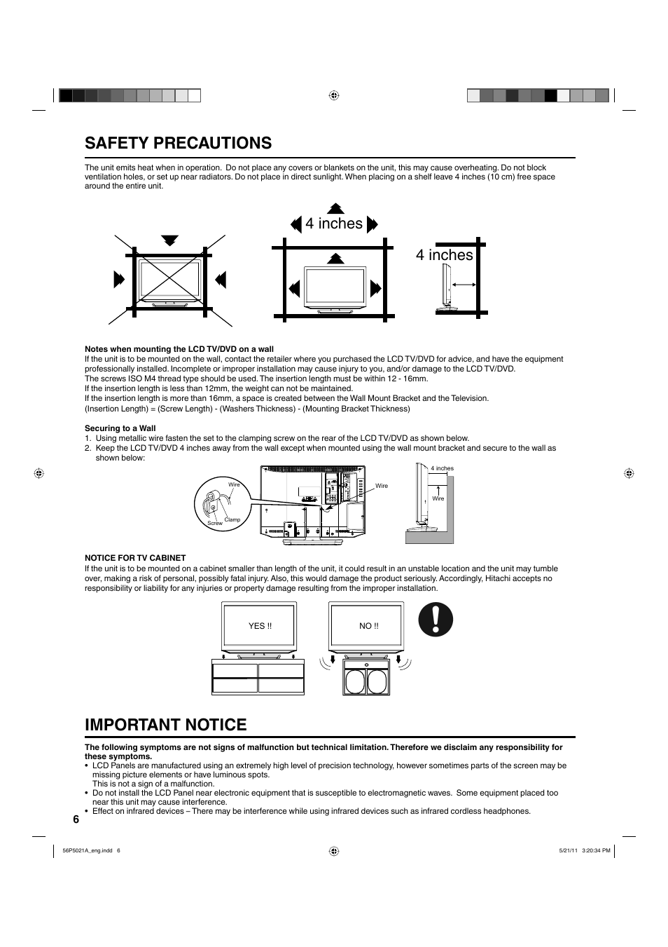 Important notice, Safety precautions, 4 inches | Hitachi L26D205 User Manual | Page 6 / 41