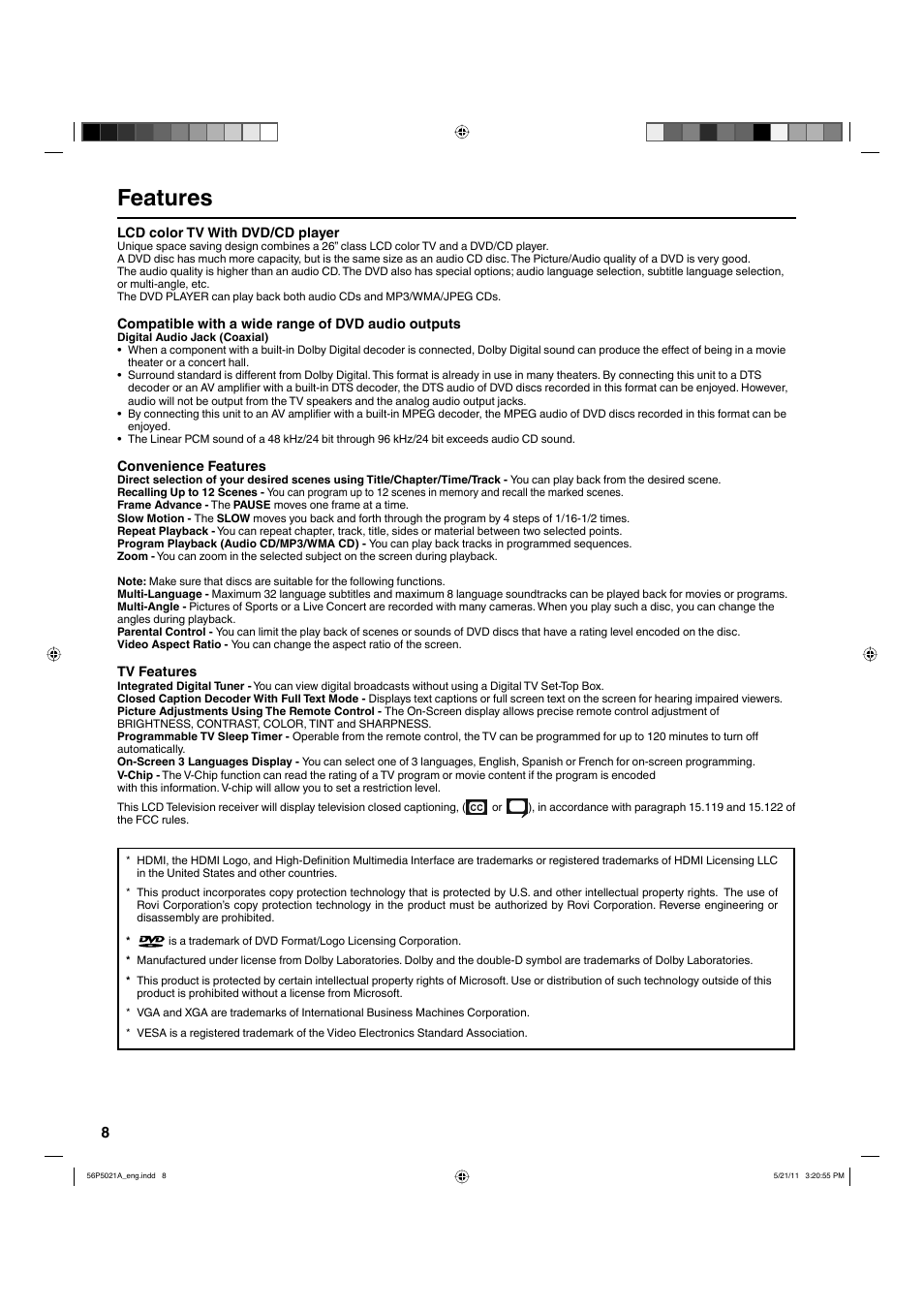 Features | Hitachi L26D205 User Manual | Page 8 / 41