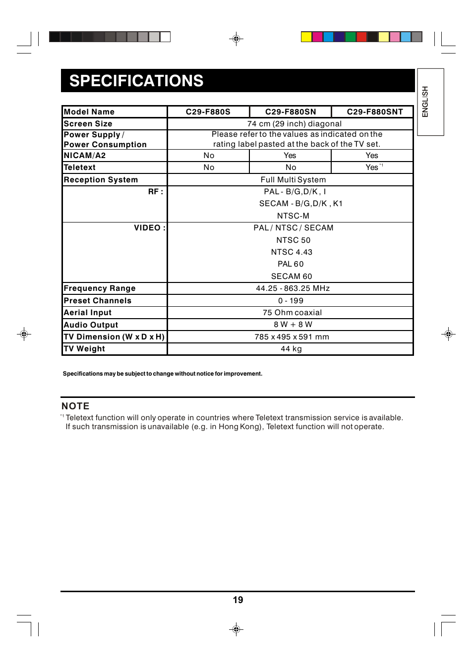 Specifications | Hitachi C29-F880SN User Manual | Page 19 / 20