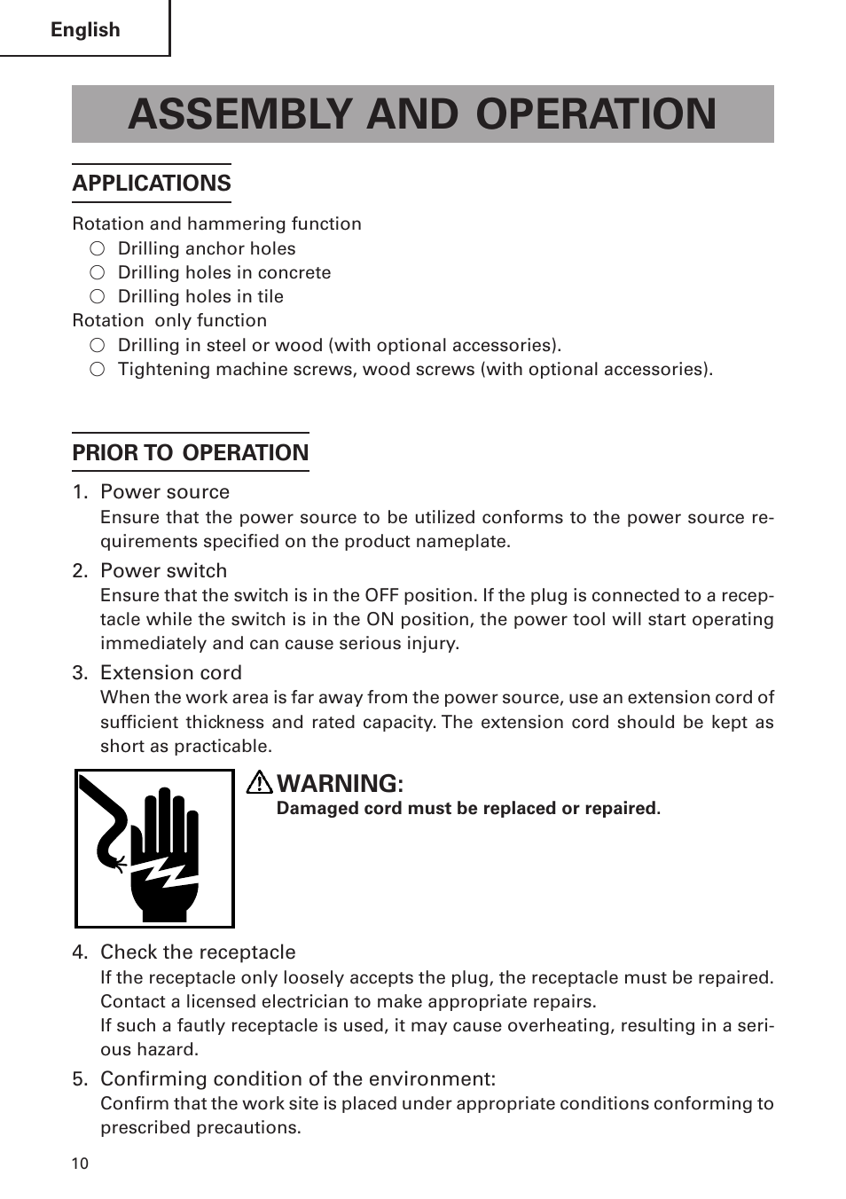 Assembly and operation, Warning | Hitachi DH24PB2 User Manual | Page 10 / 72