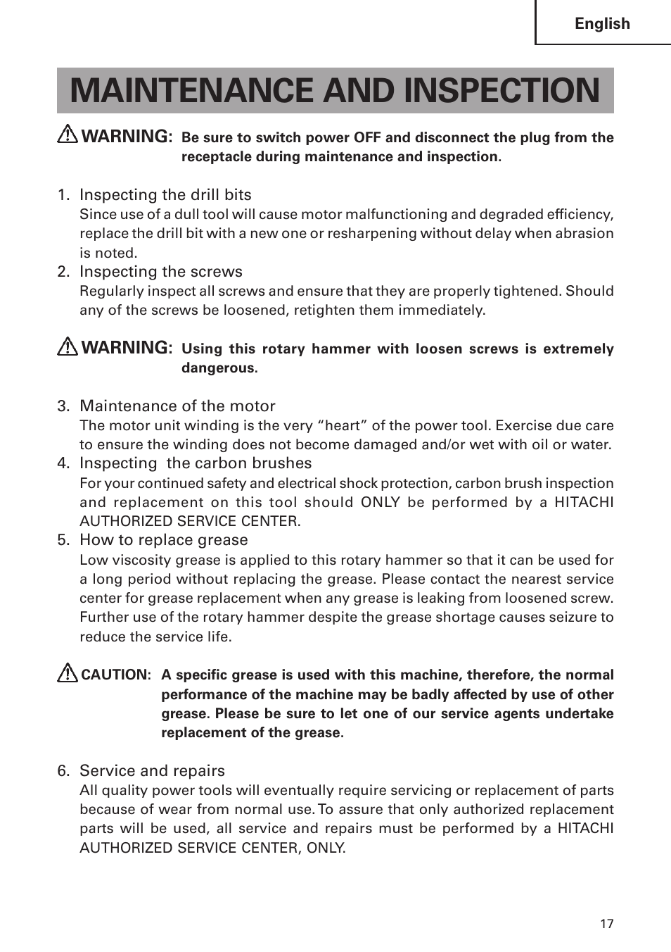 Maintenance and inspection | Hitachi DH24PB2 User Manual | Page 17 / 72