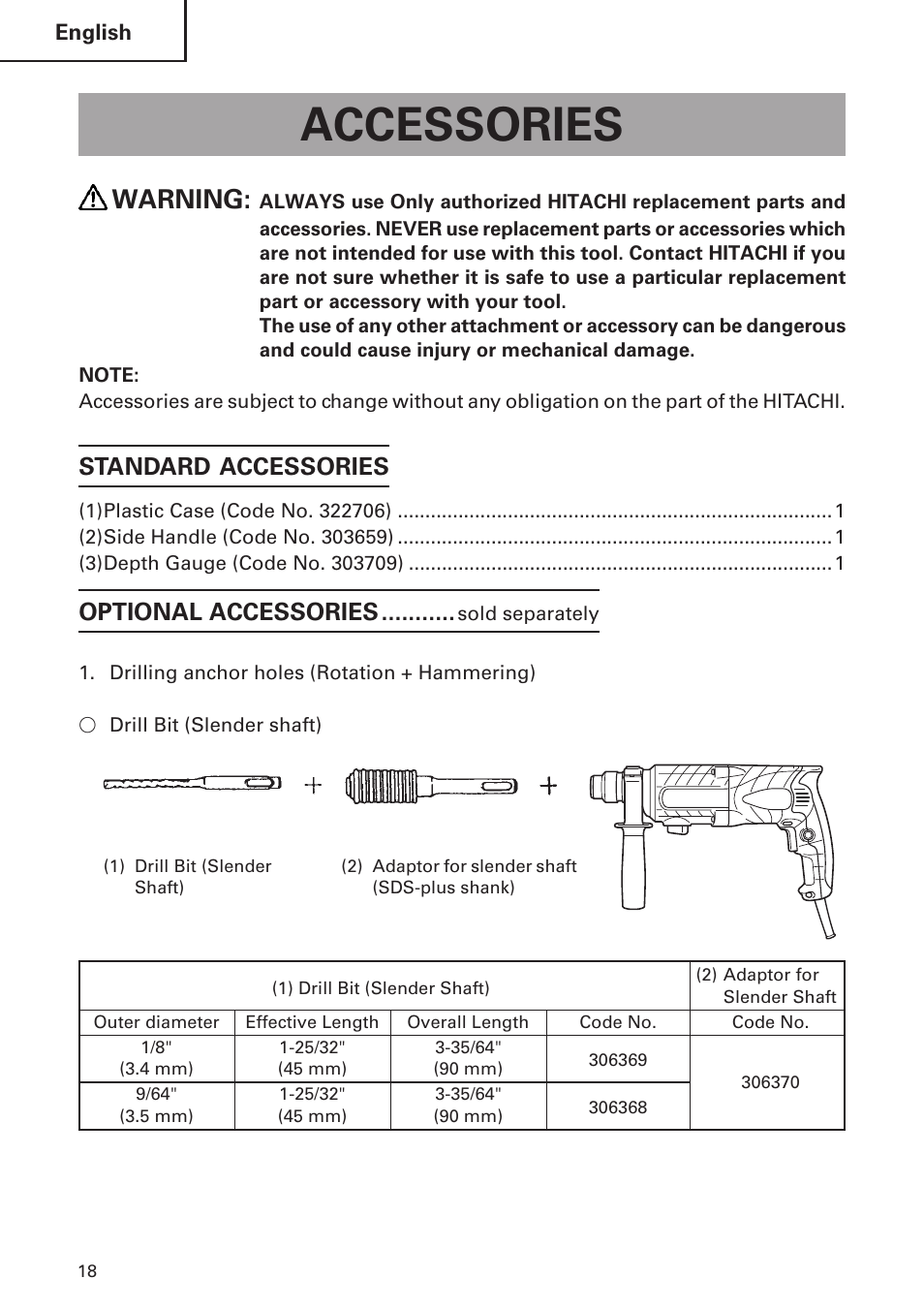 Accessories, Warning, Standard accessories | Optional accessories | Hitachi DH24PB2 User Manual | Page 18 / 72