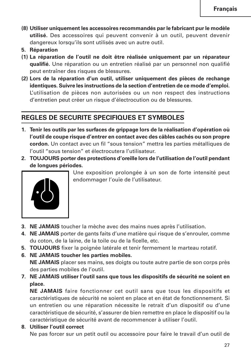 Regles de securite specifiques et symboles | Hitachi DH24PB2 User Manual | Page 27 / 72