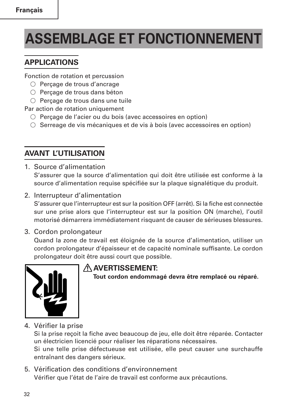 Assemblage et fonctionnement | Hitachi DH24PB2 User Manual | Page 32 / 72