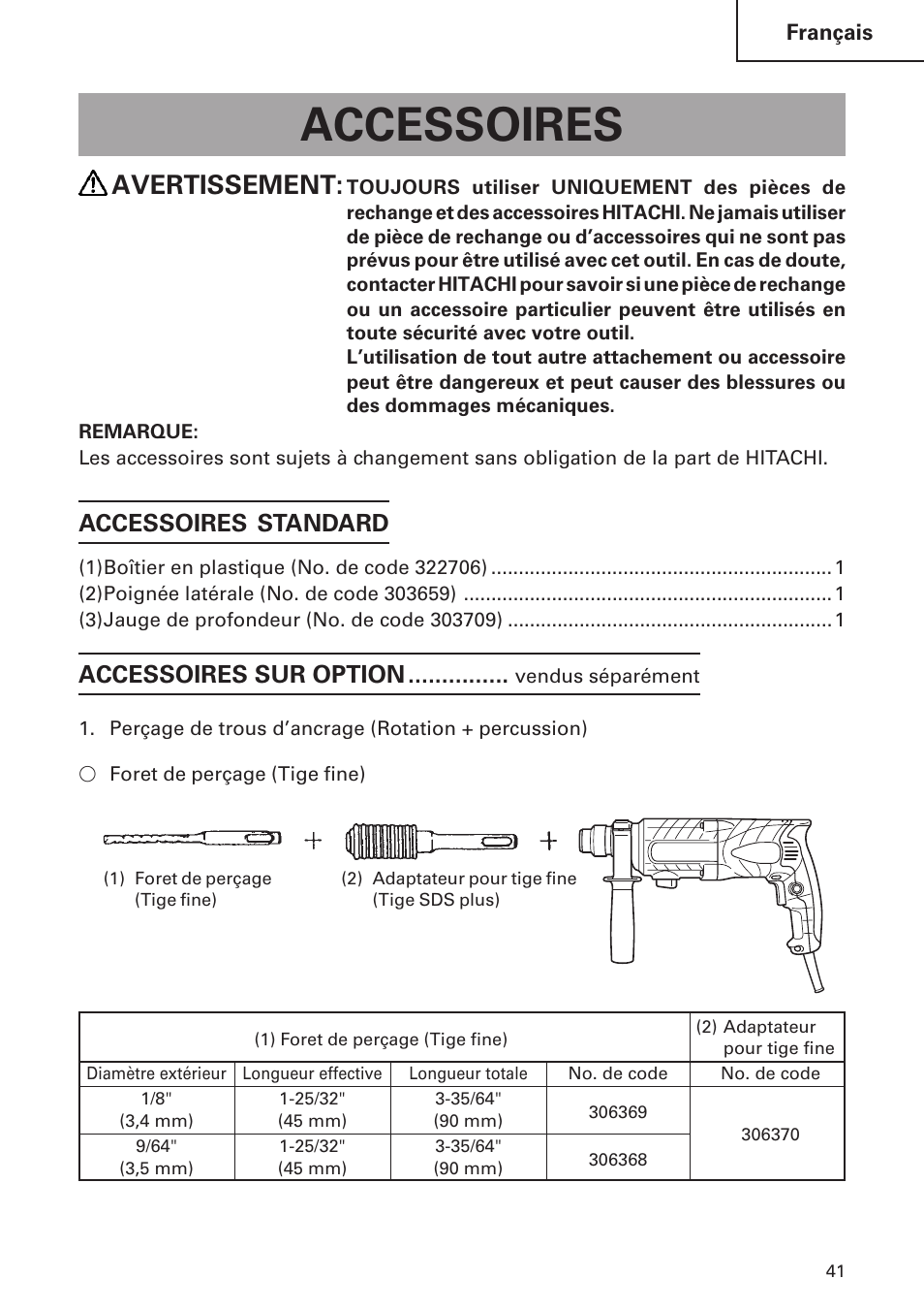 Accessoires, Avertissement, Accessoires standard | Accessoires sur option | Hitachi DH24PB2 User Manual | Page 41 / 72