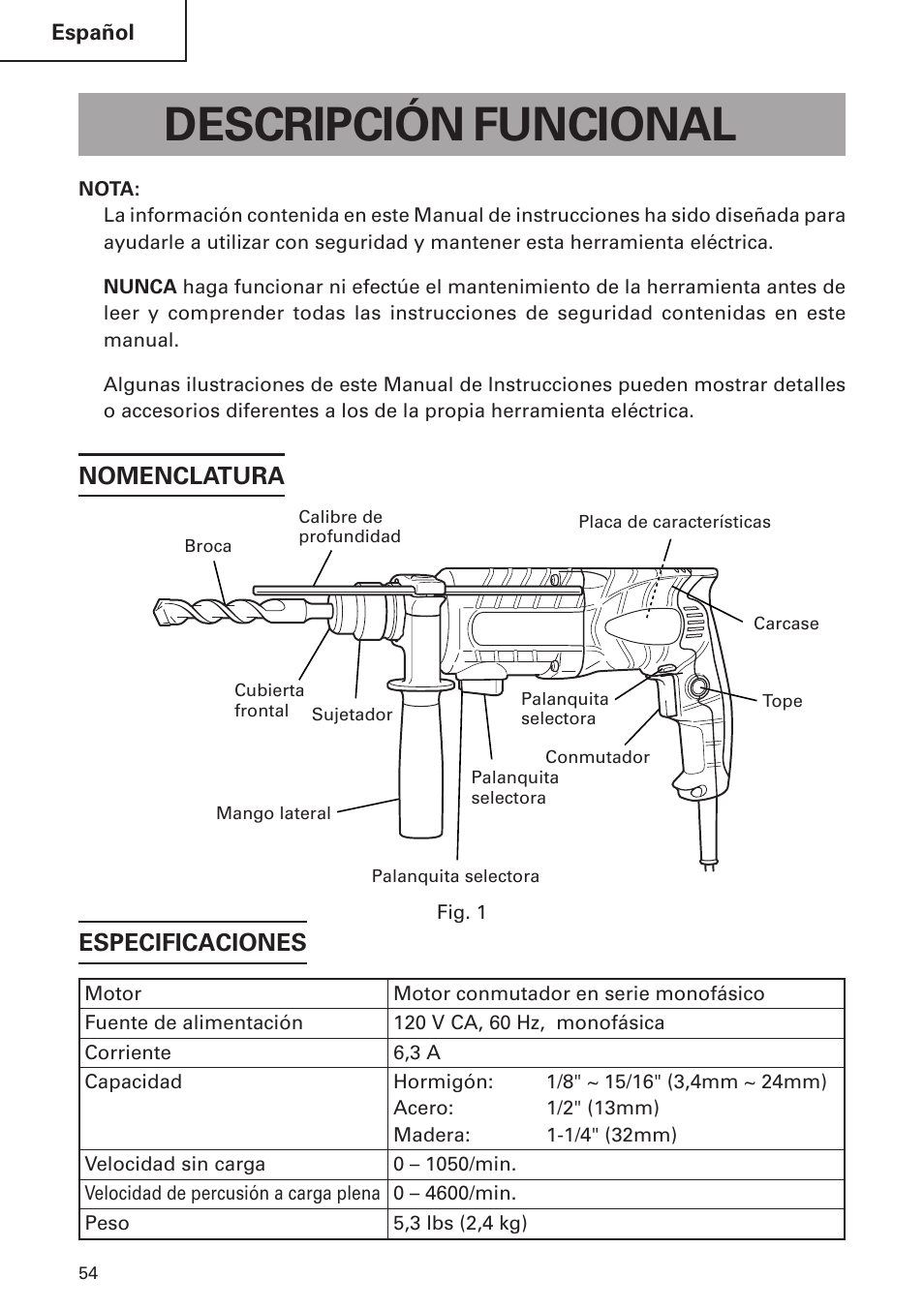 Descripción funcional, Nomenclatura especificaciones | Hitachi DH24PB2 User Manual | Page 54 / 72