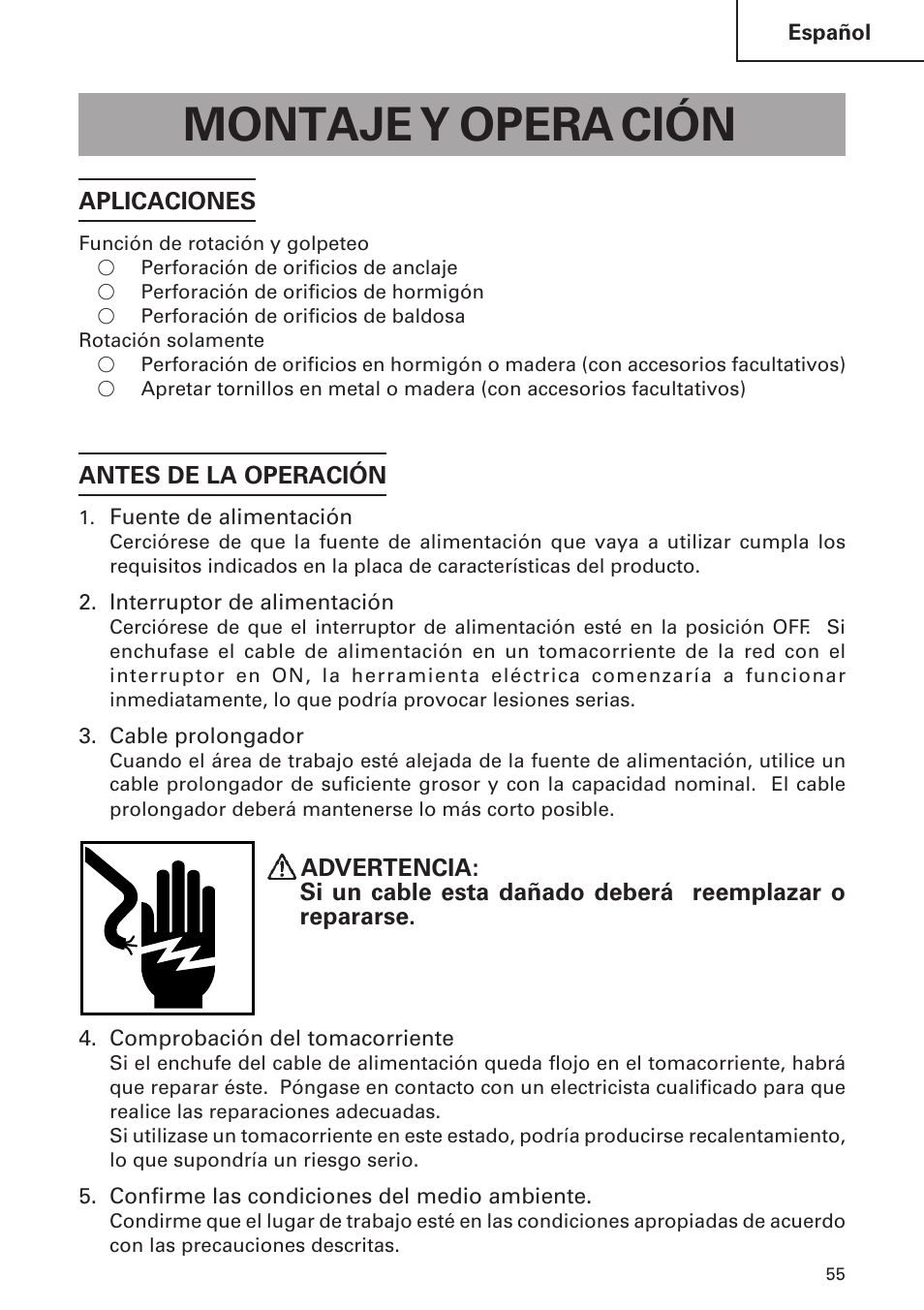 Montaje y opera ción | Hitachi DH24PB2 User Manual | Page 55 / 72