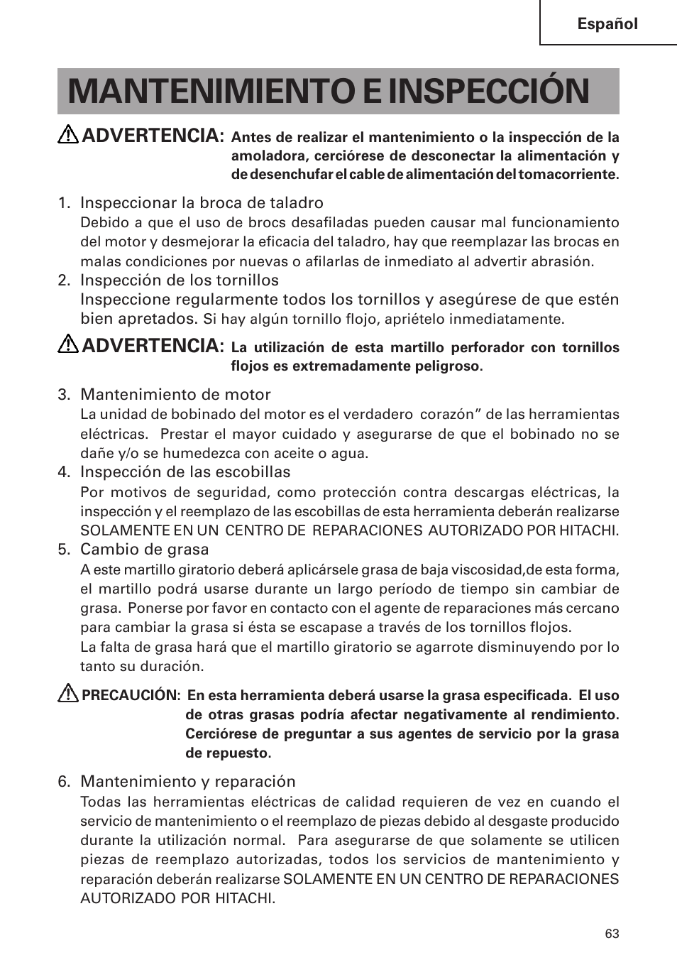 Mantenimiento e inspección, Advertencia | Hitachi DH24PB2 User Manual | Page 63 / 72